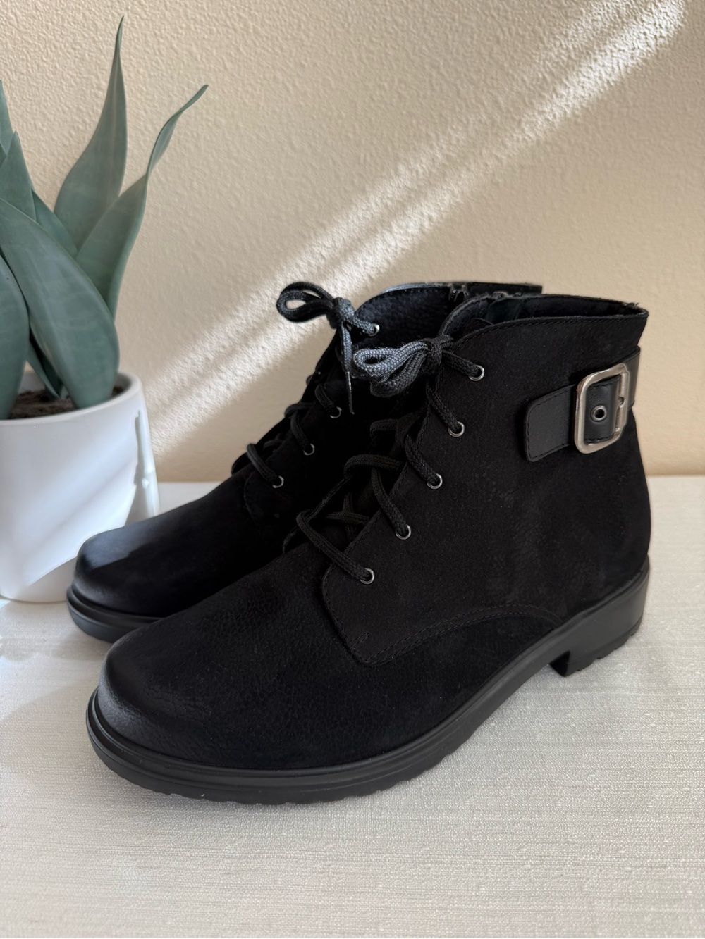 Munro Black Lace-Up Ankle Boots with Buckle Accent - Picture 3 of 13